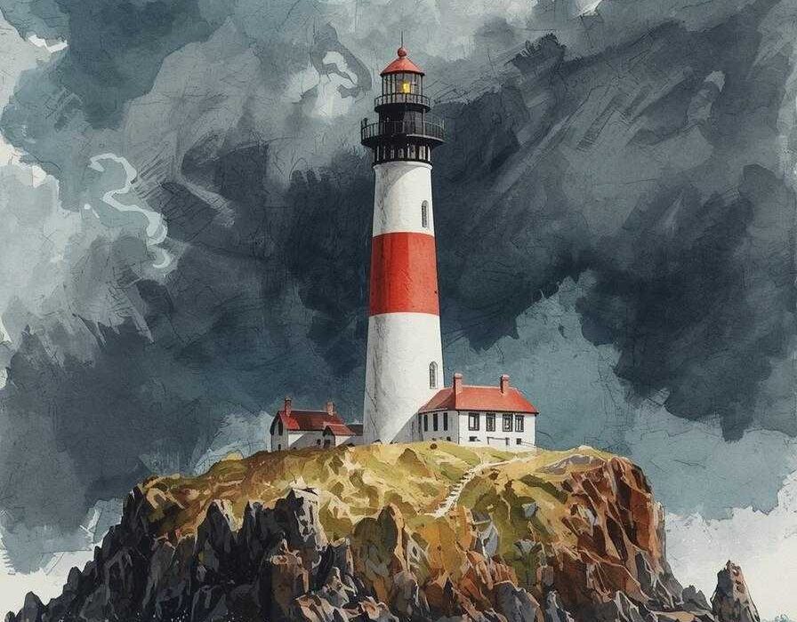 Aquarell eines Leuchtturmes auf einem Felsen in stürmischem Wetter